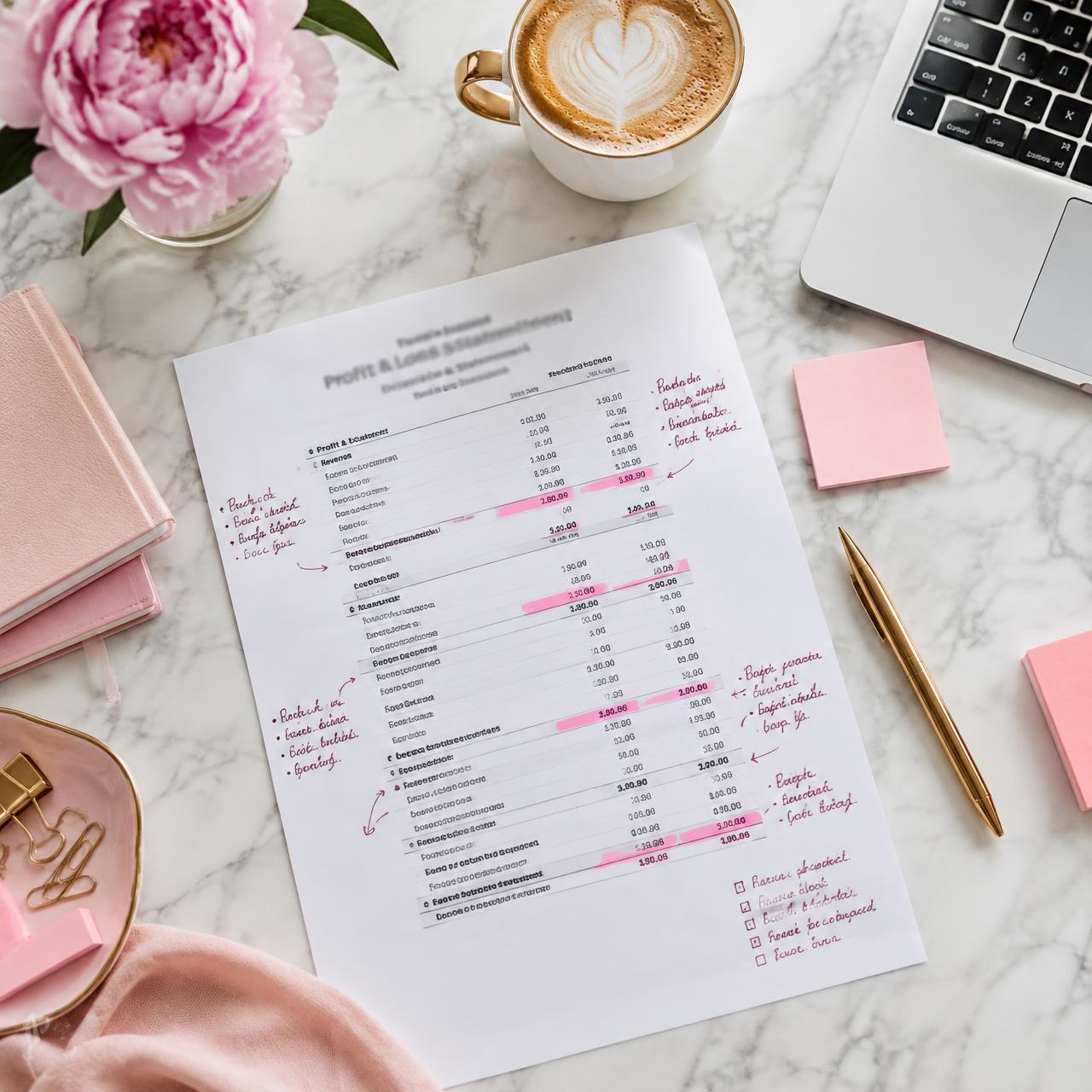 Profit and loss report with pink highlights and handwritten notes